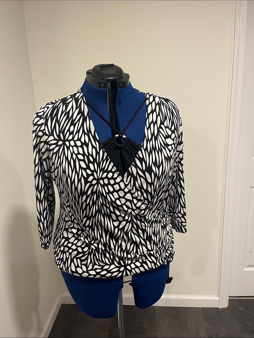 A. Byer Black & White Floral-Pattern Wrap Blouse